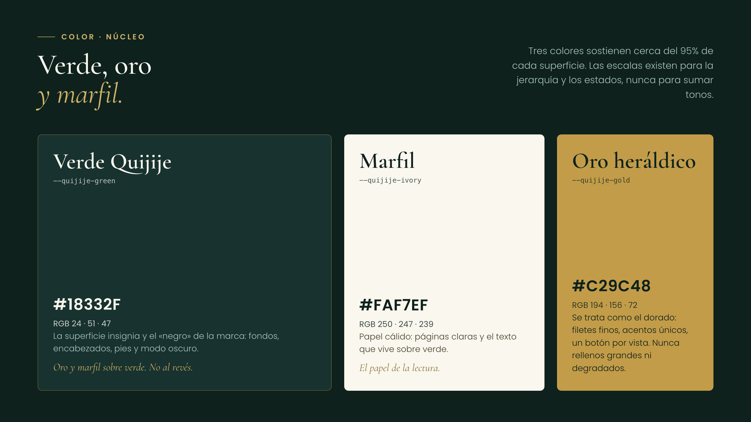 Color · verde, oro y marfil
