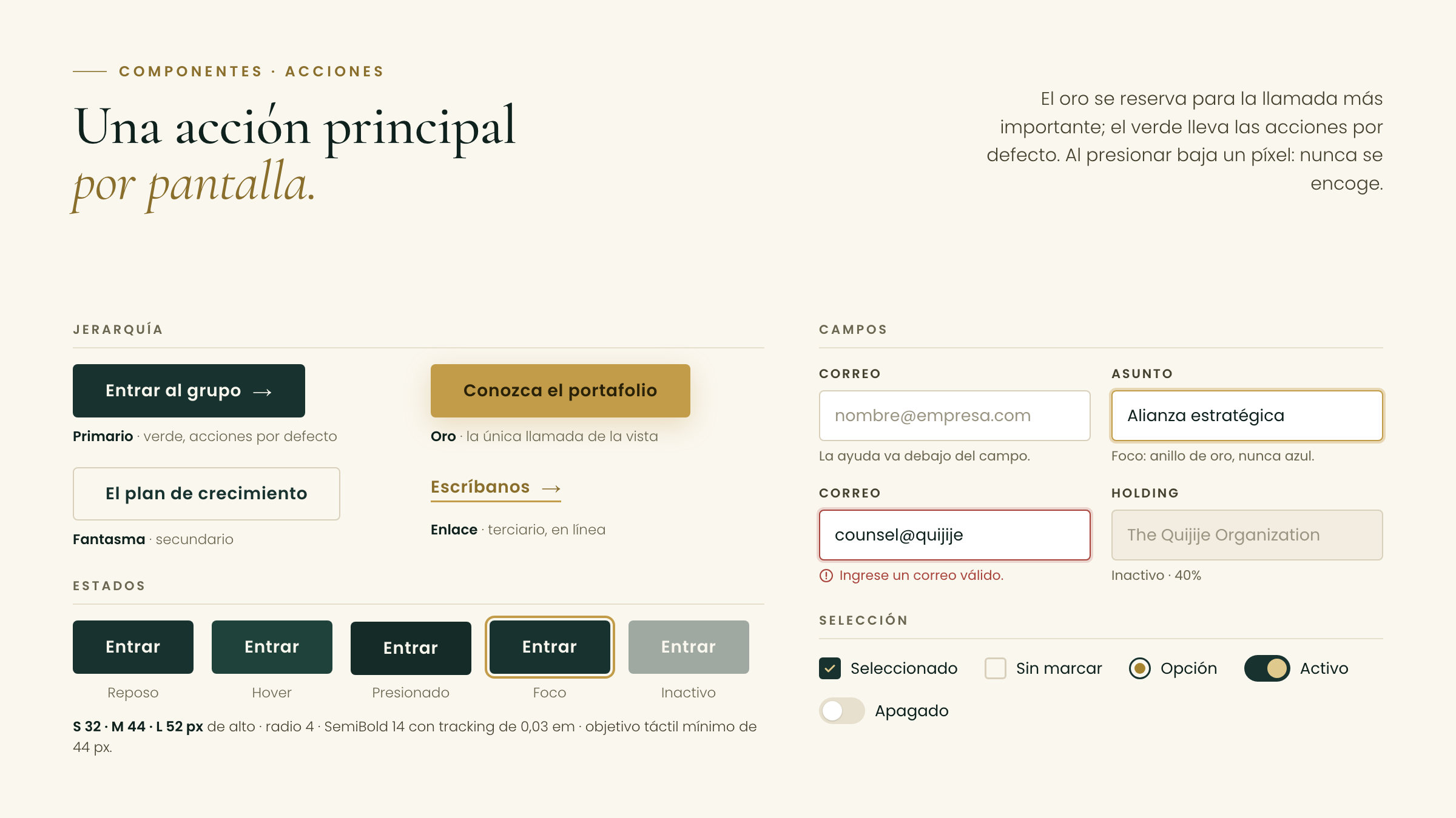 Componentes · botones y campos