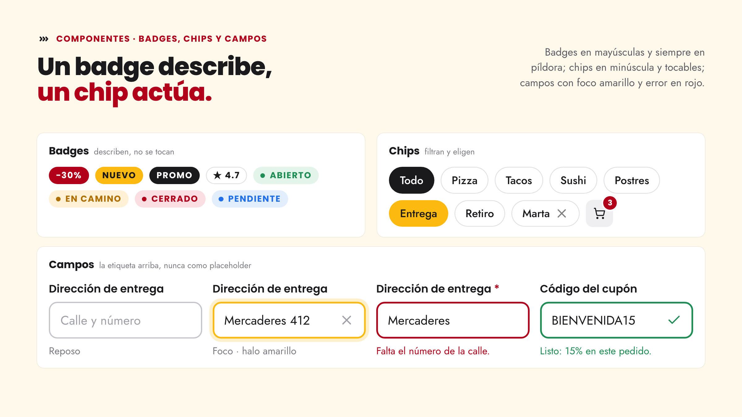 Components · badges, chips and fields